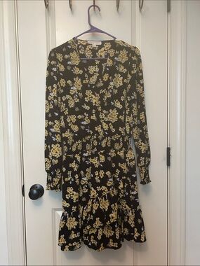 Michael Kors Black Long-Sleeve Floral Dress with Yellow Print